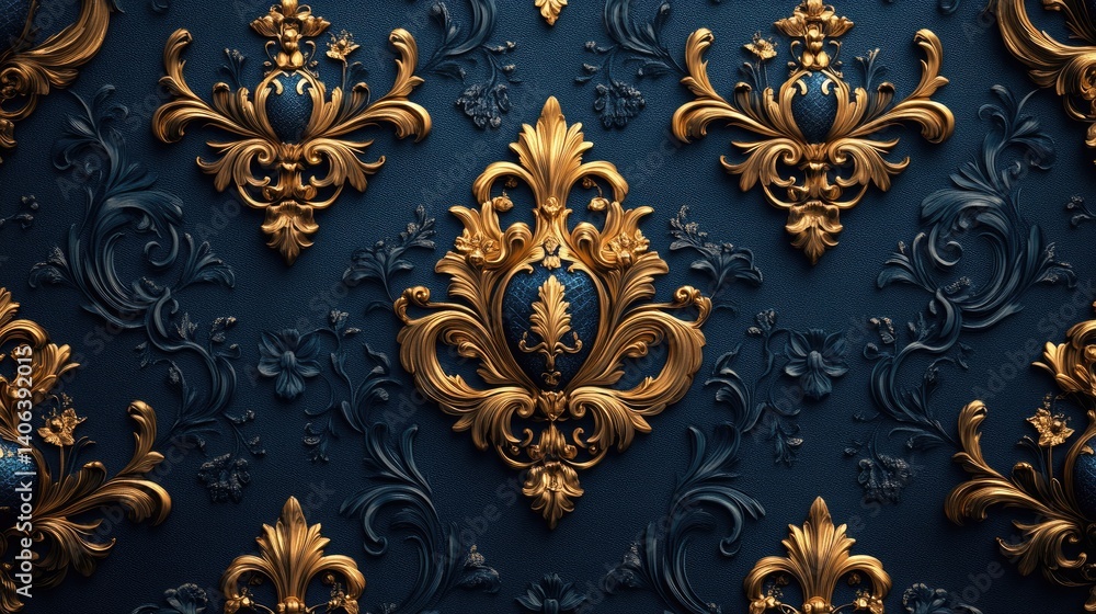 A stunning royal design with gold embellishments on a navy background A stunning royal design with gold embellishments on a navy background