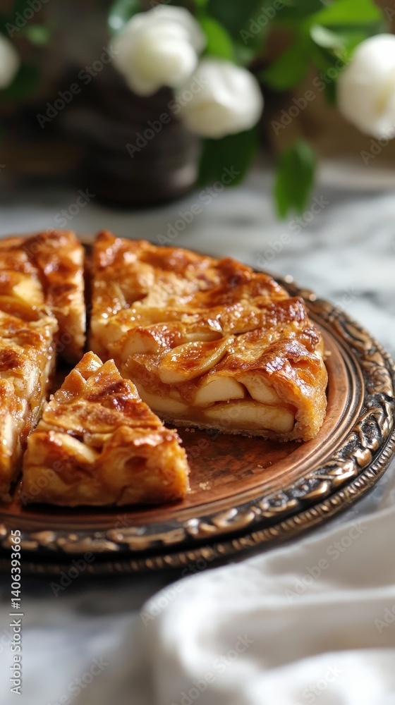 A golden-brown sliced apple tart on a copper tray. A golden-brown sliced apple tart on a copper tray.