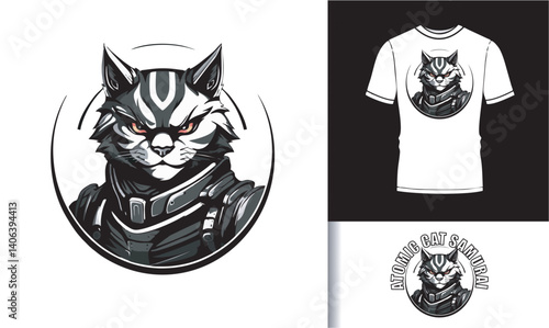 Cat Samurai Robot T-shirt Design