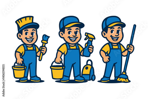 houseman cleaner man funny cartoon mascot character logo illustration