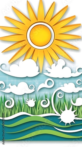 Whimsical layered landscape with a radiant sun, clouds, grass, and water