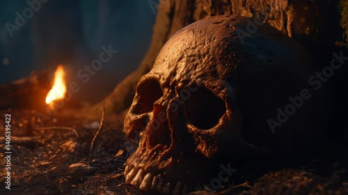 A mysterious setting featuring a skull resting against a tree, illuminated by a faint fire glow. This image evokes a sense of adventure and eerie tranquility in nature.