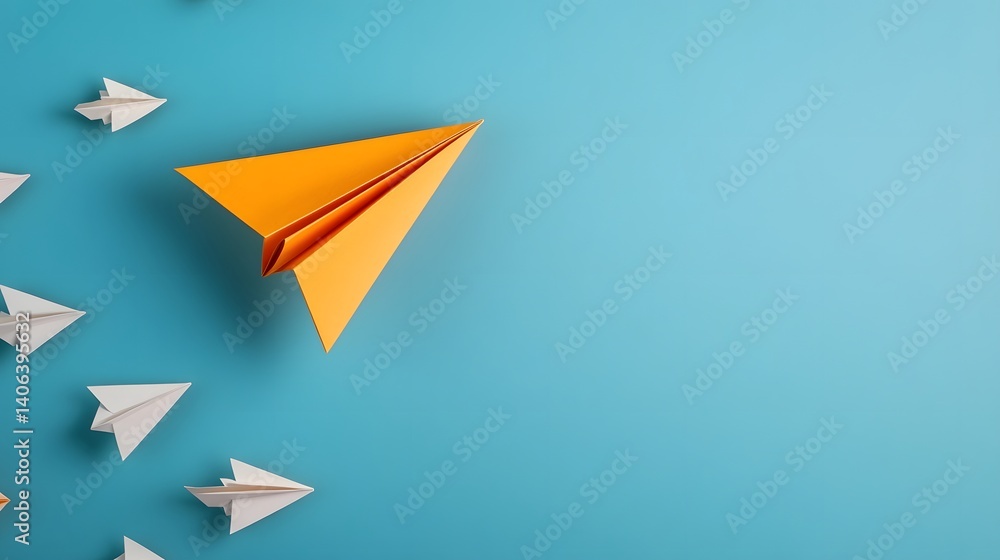 Orange Paper Airplane Leading a Network of Smaller Planes Representing Strategic Vision Orange Paper Airplane Leading a Network of Smaller Planes Representing Strategic Vision