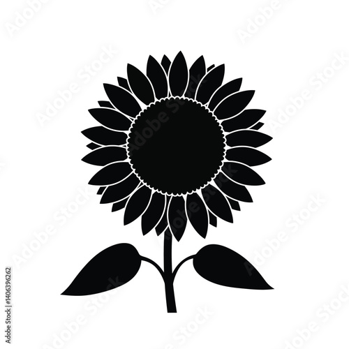 Sunflower silhouette. This image showcases a black silhouette of a sunflower with detailed petals and a long stem. Vector illustration black clipart design.