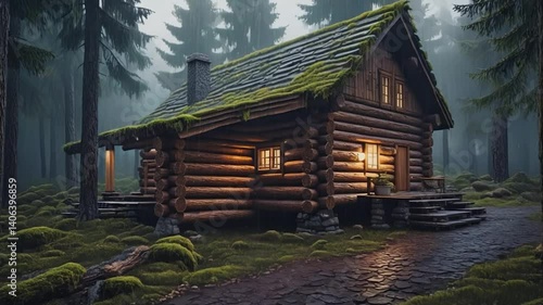 Log Cabin in a Lush Forest with Rain. Lush Trees in a Rainy Forest
