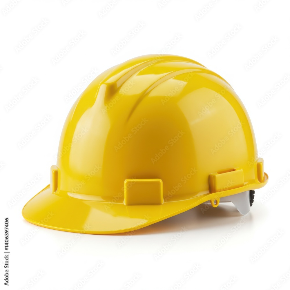 Fototapeta premium A bright yellow hard hat sitting upright on a plain surface view isolated on white background