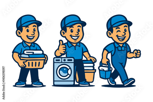 laundry worker funny cartoon mascot character logo illustration