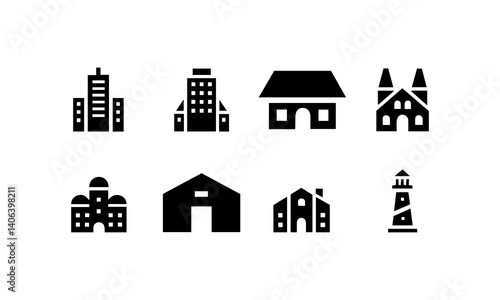 A silhouette Building icon set on white background 