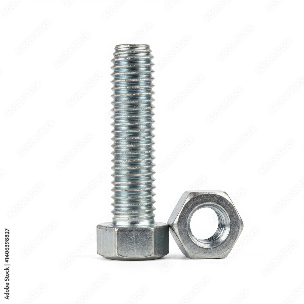 Close up of a metal bolt standing next to a metal hex nut object isolated on white background Close up of a metal bolt standing next to a metal hex nut object isolated on white background