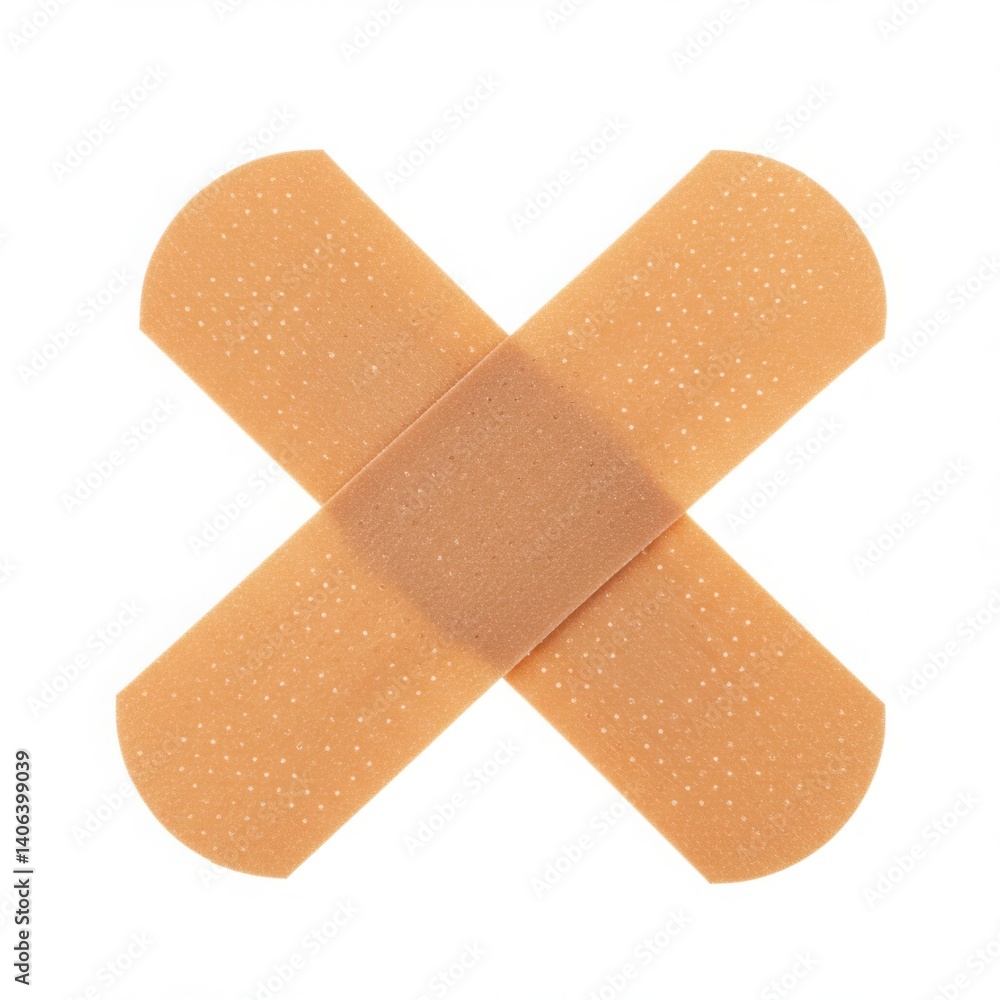 Two adhesive bandages crossed forming an x shape close up view isolated on white background Two adhesive bandages crossed forming an x shape close up view isolated on white background