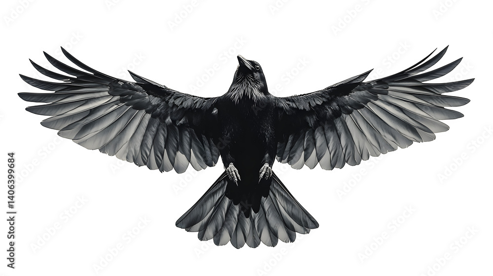 Obraz premium Flying crow silhouette wings open isolated on white background