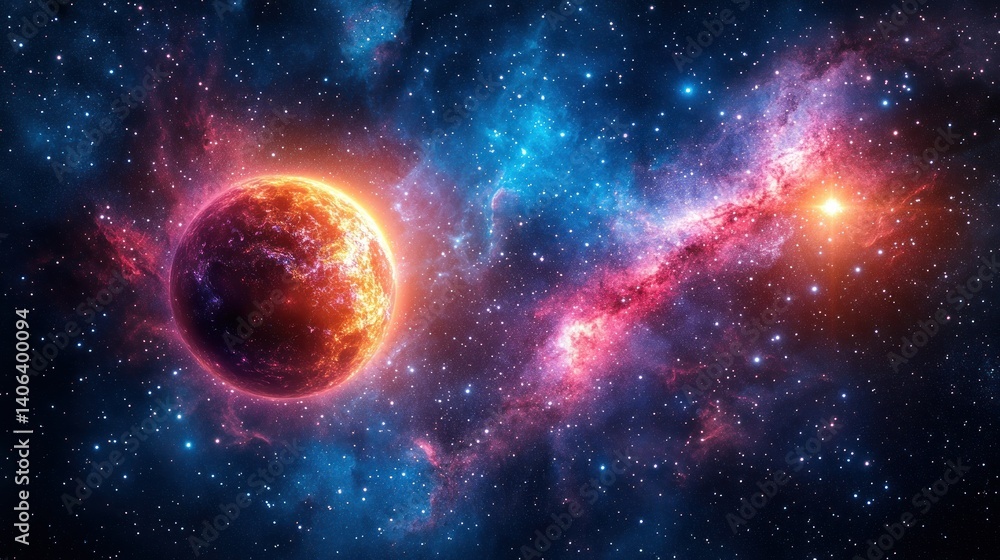 Obraz premium Cosmic inferno, fiery planet, nebulae, starburst