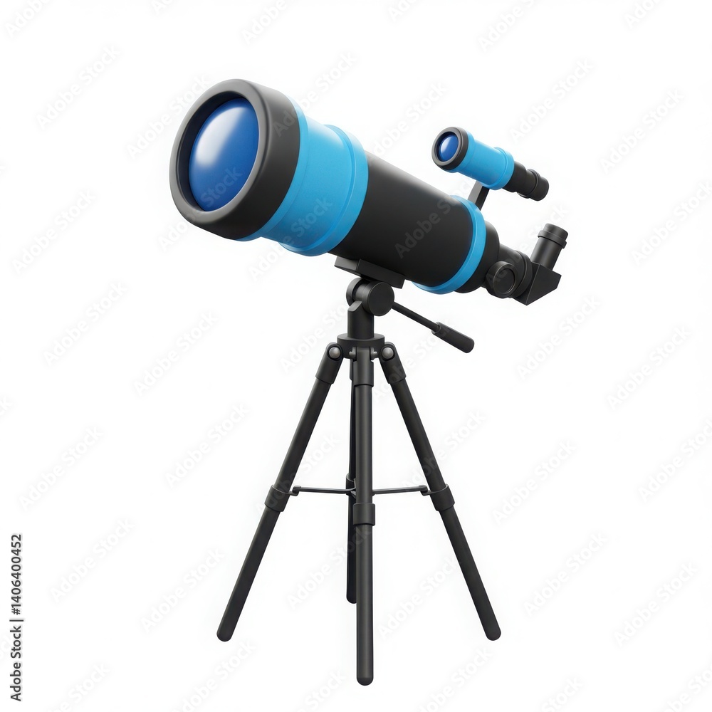 A telescope with blue accents stands on a tripod for stargazing isolated on white background A telescope with blue accents stands on a tripod for stargazing isolated on white background