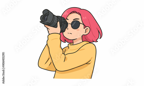 cute photographer take a picture with digital camera cartoon illustration