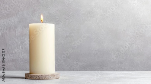 Simple tall white candle on gray background minimalist home decor relaxation wellness