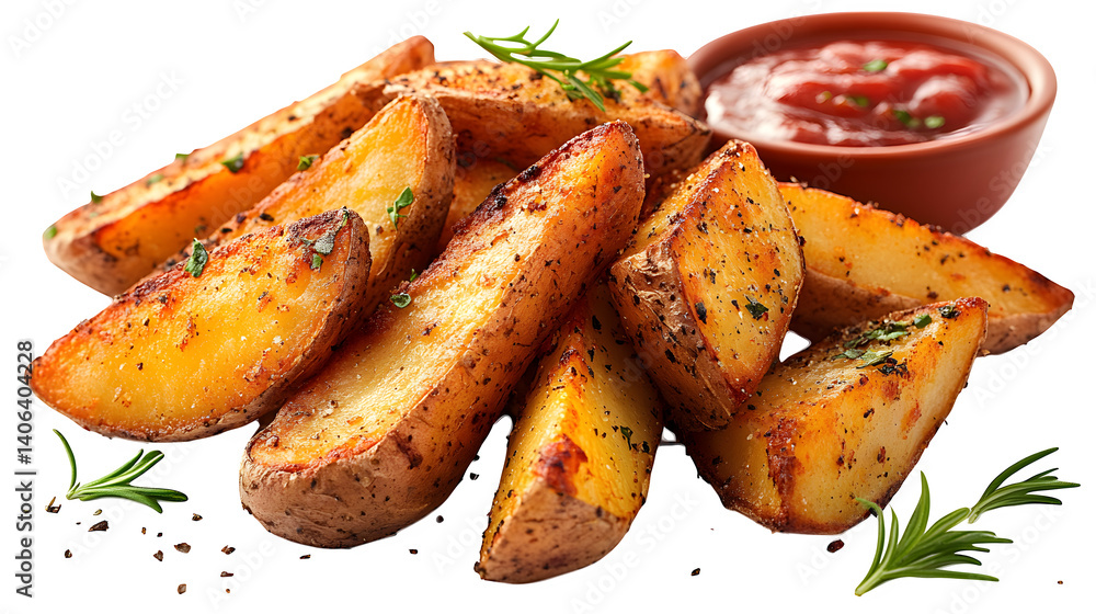 Fried potato wedges isolated on white background, HD and realistic Fried potato wedges isolated on white background, HD and realistic
