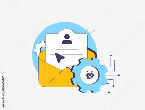 AI personalizes email campaigns by analyzing user data, boosting engagement, open rates and email conversions with automation and segmentation. Ai e-mail personalization vector illustration and icons