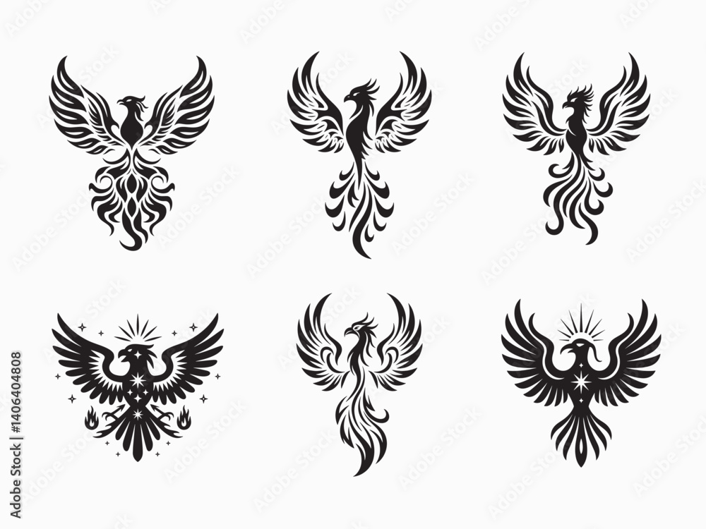 Obraz premium Tribal tattoo set vector design illustration features floral and wing elements, butterfly and eagle symbols, creating a decorative art pattern silhouette