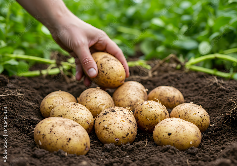 Freshly Unearthed Potatoes in Loose Soil with Farmer’s Hand Reaching Freshly Unearthed Potatoes in Loose Soil with Farmer’s Hand Reaching