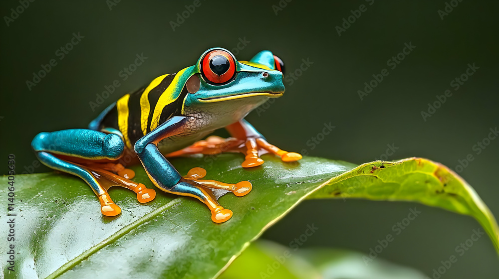 Naklejka premium Vivid Red-Eyed Tree Frog Perched On A Glossy Green Leaf In The Rainforest