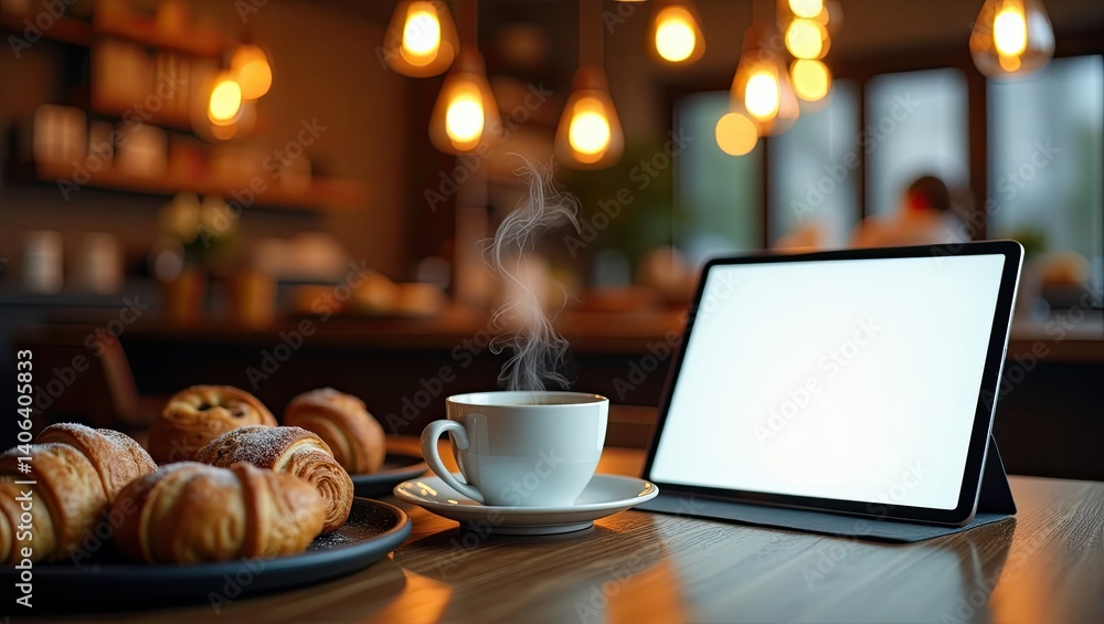 Cozy café scene featuring a steaming cup of coffee and fresh pastries on a wooden table, with warm lighting Cozy café scene featuring a steaming cup of coffee and fresh pastries on a wooden table, with warm lighting