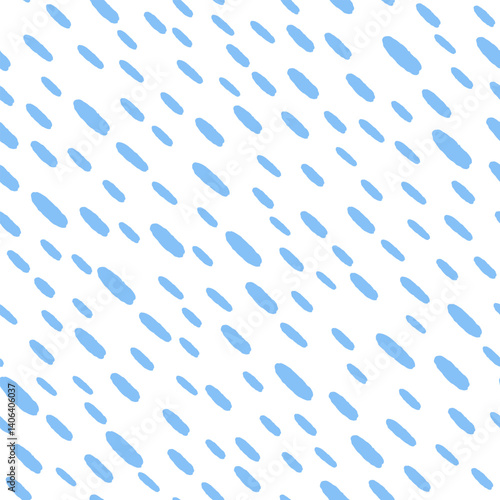 Simple rain pattern. Blue drops on white background. Rainfall illustration. Dashed vertical lines. Vector illustration.