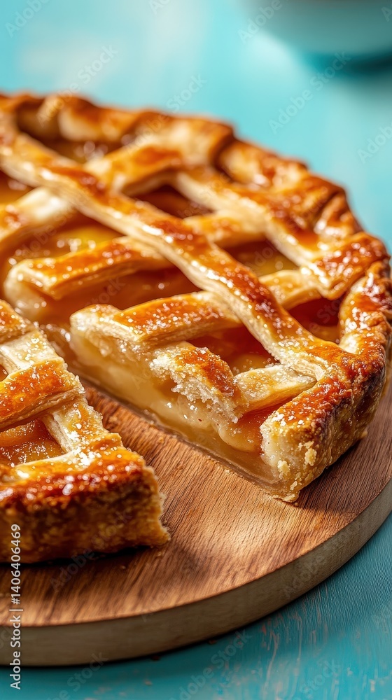 A golden-brown lattice-topped apple pie, sliced. A golden-brown lattice-topped apple pie, sliced.