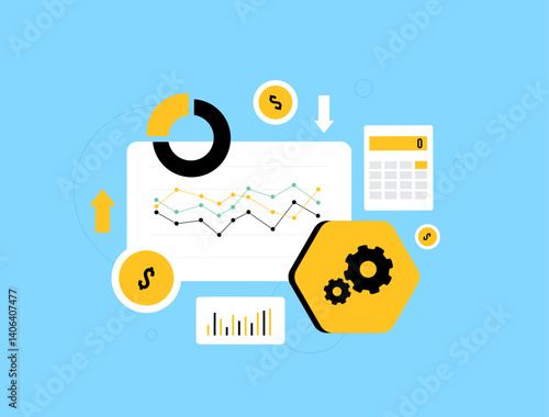Automated financial forecasting tools support budget planning and cost analysis with data-driven predictions, helping businesses manage resources. Automated forecast vector illustration and icons