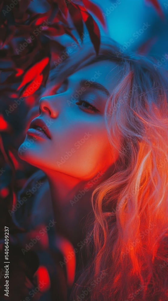 Fototapeta premium Abstract portrait of a woman with neon light overlay, artistic and colorful.