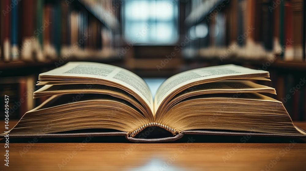 An open book rests on a wooden table amidst a library. An open book rests on a wooden table amidst a library.