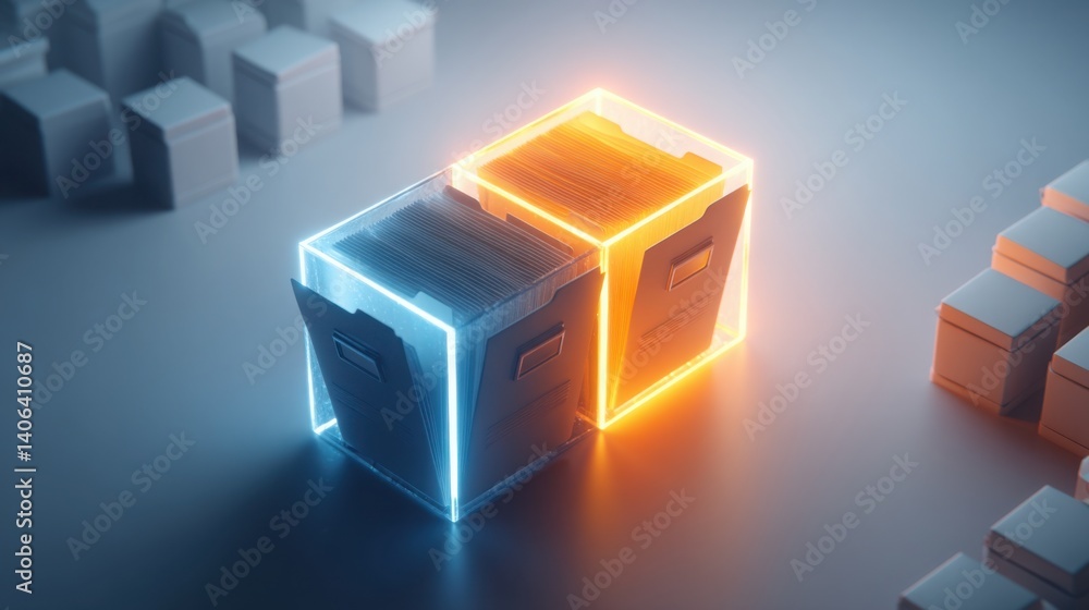 Obraz premium Mysterious cube emitting a glowing light while unlocking stacked folders in an artistic representation of organization