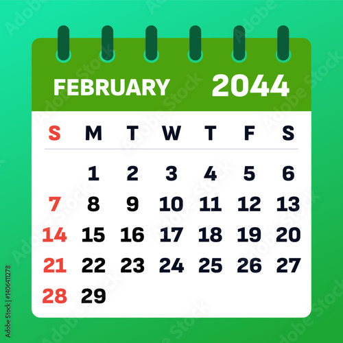 Modern February 2044 calendar template. Flat vector, clean month view design.

