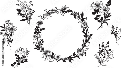草木の線画。草木と花のベクターイラスト。草木の飾りフレーム。Line drawing of plants and trees. Vector illustration of plants, trees and flowers. Decorative frame of plants and trees.