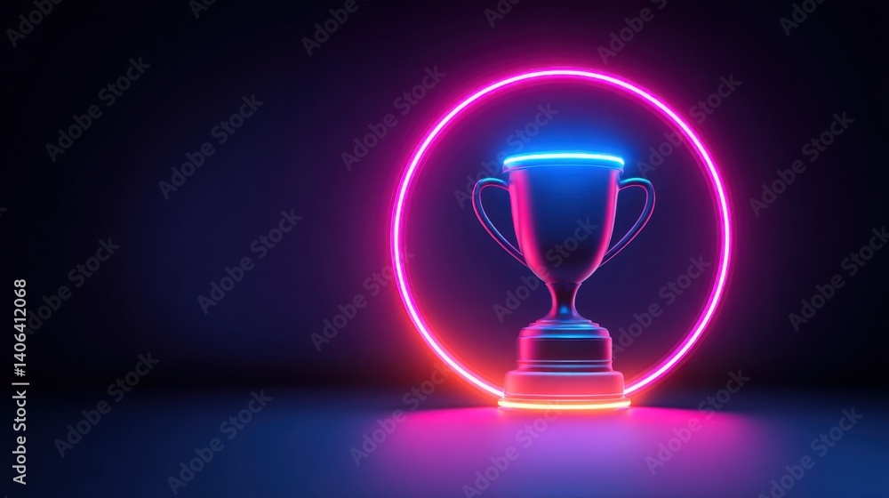 Striking trophy illuminated by neon light in a dark setting emphasizing achievement and celebration of success Striking trophy illuminated by neon light in a dark setting emphasizing achievement and celebration of success