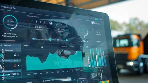 A modern vehicle dashboard display showcases advanced data analytics in a warehouse environment, highlighting performance metrics and transport operations for efficient management.