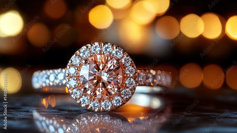 Fototapeta premium Elegant diamond halo ring, showcasing a centered, light-brown, round brilliant-cut diamond, surrounded by a halo of smaller diamonds, set on a rose gold band. Delicate, sparkling, and luxurious