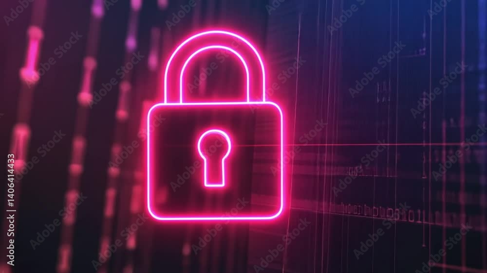 Neon padlock symbolizing digital security in a tech backdrop Neon padlock symbolizing digital security in a tech backdrop