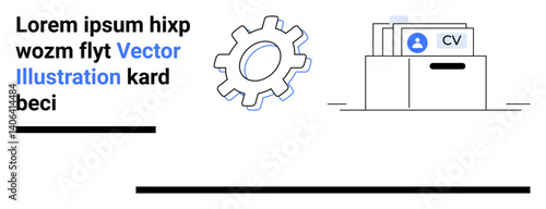 Gear beside file drawer with CV documents represents recruitment, career organization, and process optimization. Ideal for HR, workflow, job applications, career advice, recruitment, hiring simple