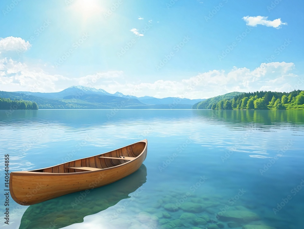 Serene Wooden Canoe on Calm Lake Surrounded by Lush Greenery Serene Wooden Canoe on Calm Lake Surrounded by Lush Greenery