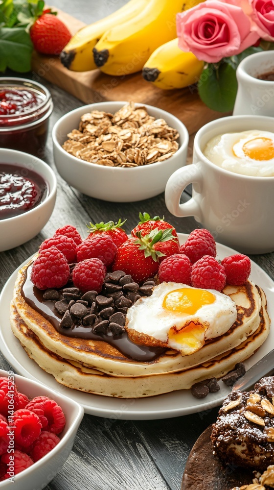 Delicious Pancakes with Toppings and Fresh Fruits on a Table Delicious Pancakes with Toppings and Fresh Fruits on a Table