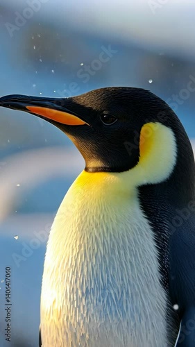 Wallpaper Mural Elegant emperor penguin posing with water droplets around, black and yellow feathers detail on white background, animal portrait Torontodigital.ca