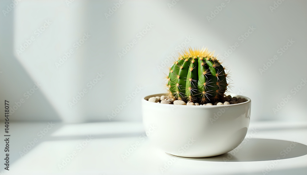 A small cactus in a white pot on a white surface. A small cactus in a white pot on a white surface.