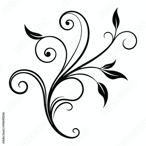 Elegant black and white floral swirl, calligraphic spring flourish scroll ornament design for graphic elements Featuring Curved Vines, Filigree calligraphy motif Fancy lines swirls

