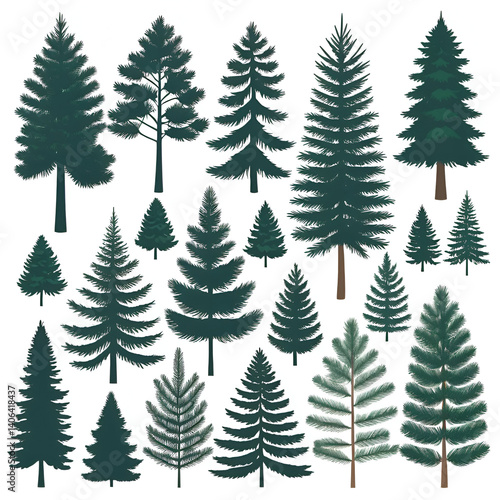 Set of fir trees isolated on white background. Vector illustration.