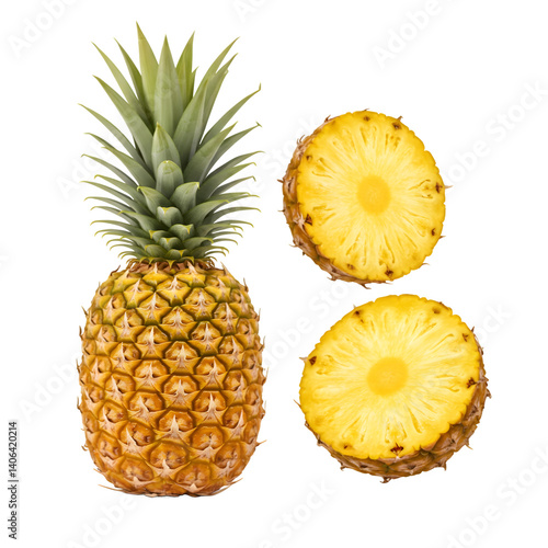 A whole pineapple and two cross-section slices displayed on a transparent background.