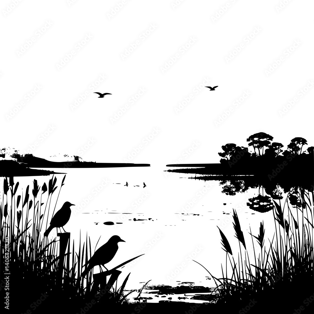 Fototapeta premium grass and birds birds on the tree river water 