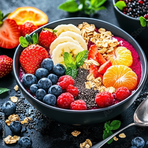 Colorful fruit and granola parfait