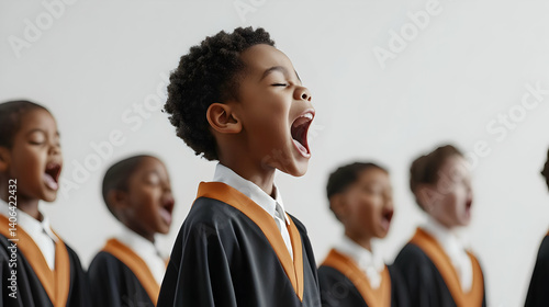 A Vibrant Youth Choir Sings With Passion In Black And Gold Robes On A Bright Stage