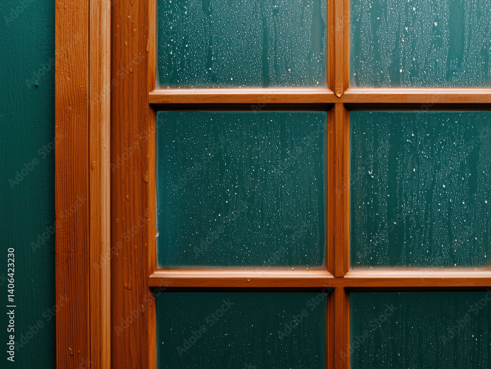 Fototapeta premium A close-up of a wooden window frame with droplets of water on a green backdrop, creating a cozy, inviting atmosphere.