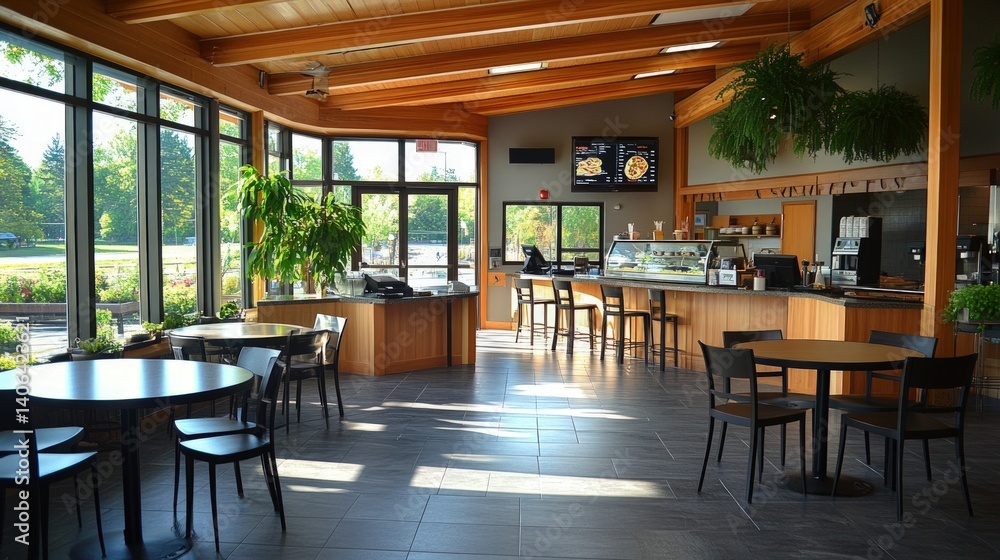 Modern cafe with large windows Modern cafe with large windows